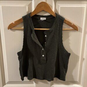 Aerie Sunspun Waffle Cropped Dark Green Henley Button-up Tank Top ~ XS